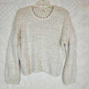Yet Again ivory and tan loose knit chunky nubby crew neck sweater cozy beachy M